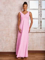 V-neck Pleated Sleeveless A-line Chiffon Dresses Candy Pink
