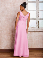V-neck Pleated Sleeveless A-line Chiffon Dresses Candy Pink