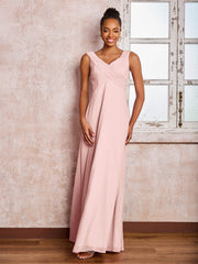 V-neck Pleated Sleeveless A-line Chiffon Dresses Dusty Rose