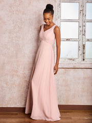 V-neck Pleated Sleeveless A-line Chiffon Dresses Dusty Rose