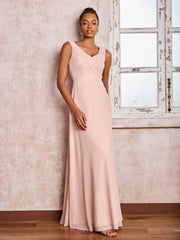 V-neck Pleated Sleeveless A-line Chiffon Dresses Dusty Rose