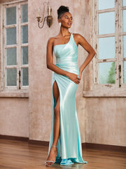 One-Shoulder Pleated Stretch Satin Dress Mist