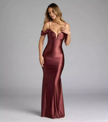 Elastic satin off shoulder collar with adjustable thin shoulder straps, back zipper, side stitching, pleated mermaid and floor Prom Dresses
