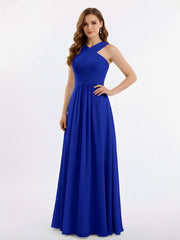 Cross Shoulder Strap Chiffon Dress with Empire Waist Royal Blue