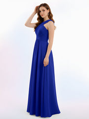 Cross Shoulder Strap Chiffon Dress with Empire Waist Royal Blue