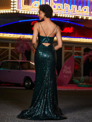 Keyhole Bodice Mermaid Sequin Gown Dark Green