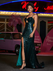 Keyhole Bodice Mermaid Sequin Gown Dark Green