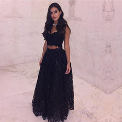 Elegant Black Two Piece Prom Dress Lace Ball Gown
