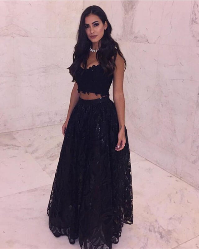 Elegant Black Two Piece Prom Dress Lace Ball Gown