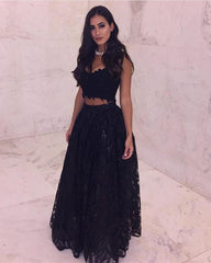 Elegant Black Two Piece Prom Dress Lace Ball Gown