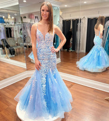 Elegant Blue Spaghetti Straps Tulle Mermaid Prom Dress With Appliques V-neck Sexy