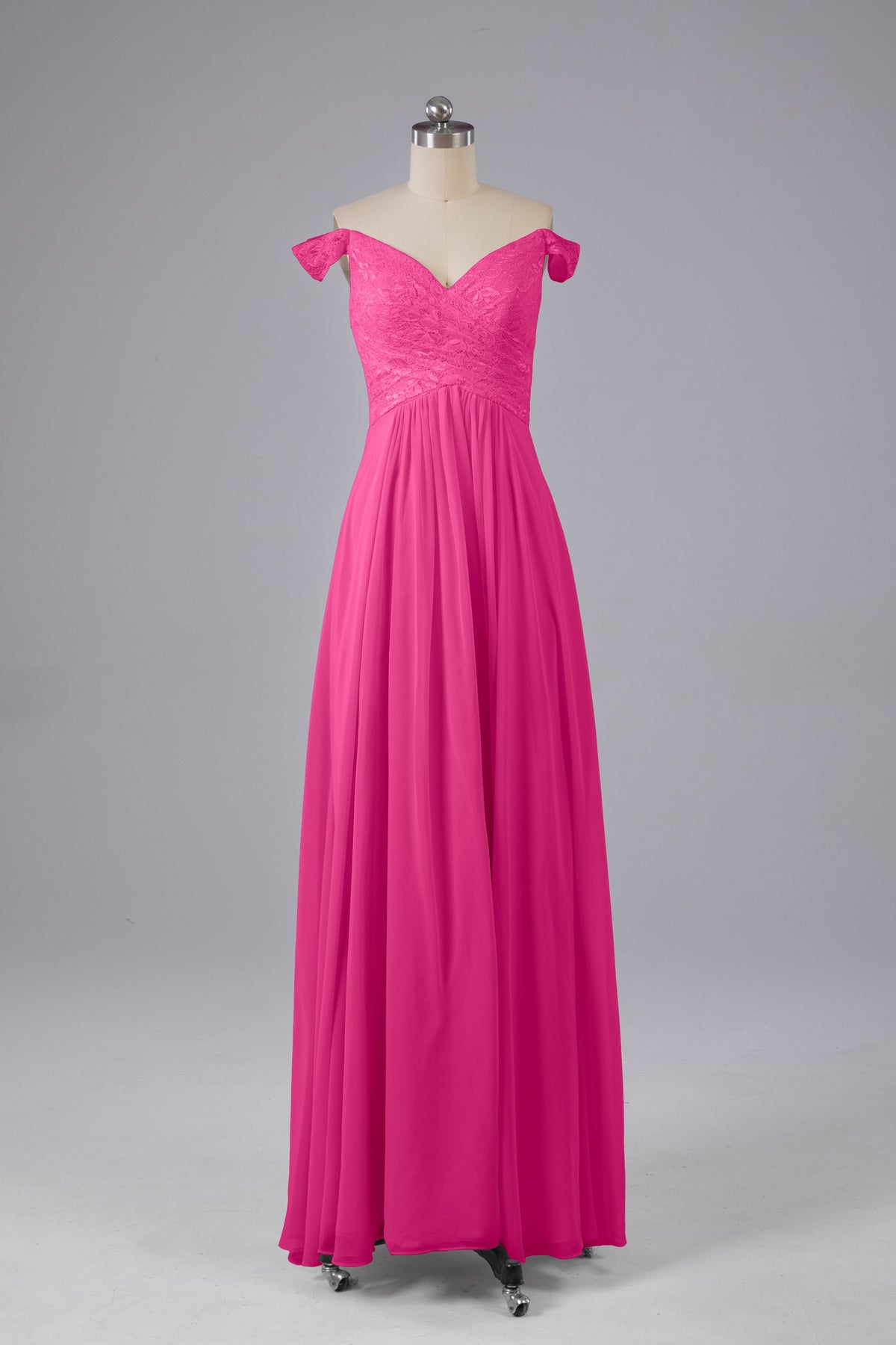 Elegante chiffon van de schouder open achteren lange bruidsmeisjekleding