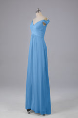 Elegante chiffon van de schouder open achteren lange bruidsmeisjekleding