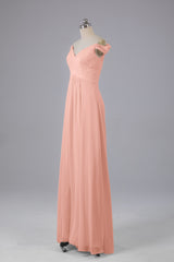 Elegante chiffon van de schouder open achteren lange bruidsmeisjekleding