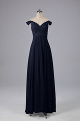 Elegante chiffon van de schouder open achteren lange bruidsmeisjekleding