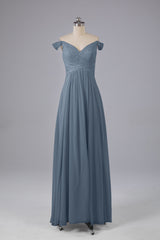 Elegante chiffon van de schouder open achteren lange bruidsmeisjekleding
