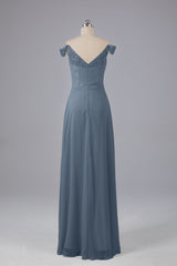 Elegante chiffon van de schouder open achteren lange bruidsmeisjekleding