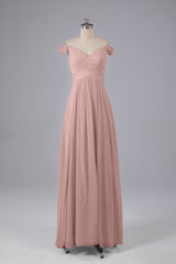 Elegante chiffon van de schouder open achteren lange bruidsmeisjekleding