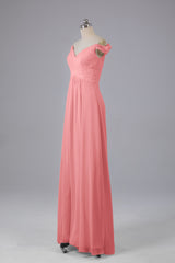 Elegante chiffon van de schouder open achteren lange bruidsmeisjekleding