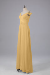 Elegante chiffon van de schouder open achteren lange bruidsmeisjekleding