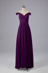 Elegante chiffon van de schouder open achteren lange bruidsmeisjekleding