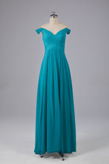 Elegante chiffon van de schouder open achteren lange bruidsmeisjekleding