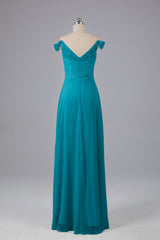 Elegante chiffon van de schouder open achteren lange bruidsmeisjekleding