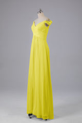 Elegante chiffon van de schouder open achteren lange bruidsmeisjekleding