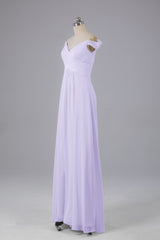 Elegante chiffon van de schouder open achteren lange bruidsmeisjekleding