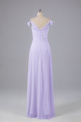 Elegante chiffon van de schouder open achteren lange bruidsmeisjekleding