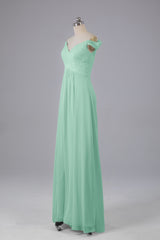 Elegante chiffon van de schouder open achteren lange bruidsmeisjekleding