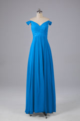 Elegante chiffon van de schouder open achteren lange bruidsmeisjekleding