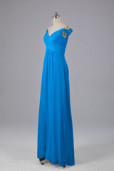 Elegante chiffon van de schouder open achteren lange bruidsmeisjekleding