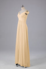 Elegante chiffon van de schouder open achteren lange bruidsmeisjekleding