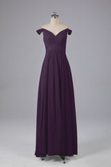 Elegante chiffon van de schouder open achteren lange bruidsmeisjekleding