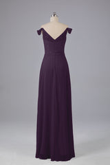 Elegante chiffon van de schouder open achteren lange bruidsmeisjekleding