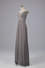 Elegante chiffon van de schouder open achteren lange bruidsmeisjekleding