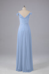 Elegante chiffon van de schouder open achteren lange bruidsmeisjekleding