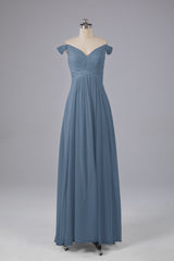 Elegante chiffon van de schouder open achteren lange bruidsmeisjekleding