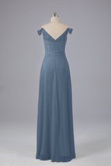 Elegante chiffon van de schouder open achteren lange bruidsmeisjekleding