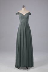 Elegante chiffon van de schouder open achteren lange bruidsmeisjekleding