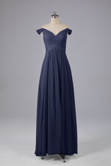 Elegante chiffon van de schouder open achteren lange bruidsmeisjekleding