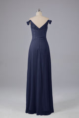 Elegante chiffon van de schouder open achteren lange bruidsmeisjekleding