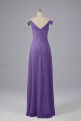 Elegante chiffon van de schouder open achteren lange bruidsmeisjekleding