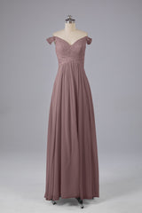 Elegante chiffon van de schouder open achteren lange bruidsmeisjekleding
