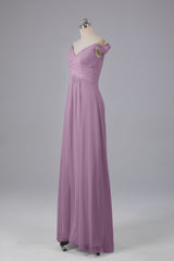 Elegante chiffon van de schouder open achteren lange bruidsmeisjekleding