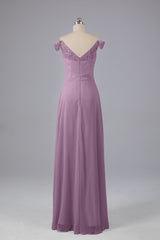 Elegante chiffon van de schouder open achteren lange bruidsmeisjekleding