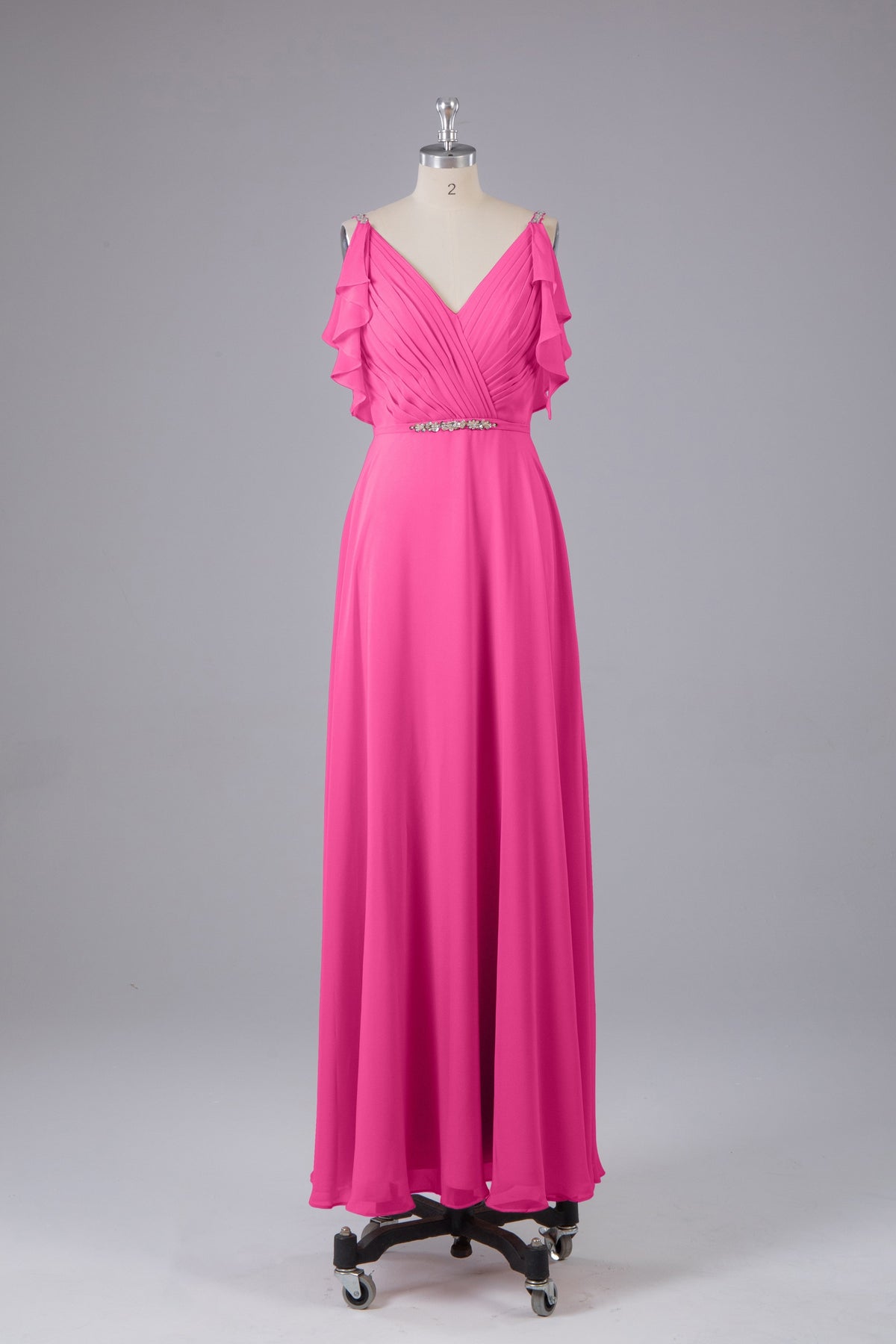 Elegante chiffon-riemen V-back lange bruidsmeisje jurken