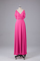 Elegante chiffon-riemen V-back lange bruidsmeisje jurken