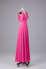 Elegante chiffon-riemen V-back lange bruidsmeisje jurken